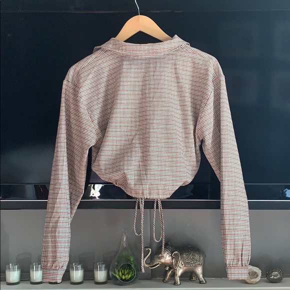 Long sleeve plaid button crop tie string - Picture 2 of 2